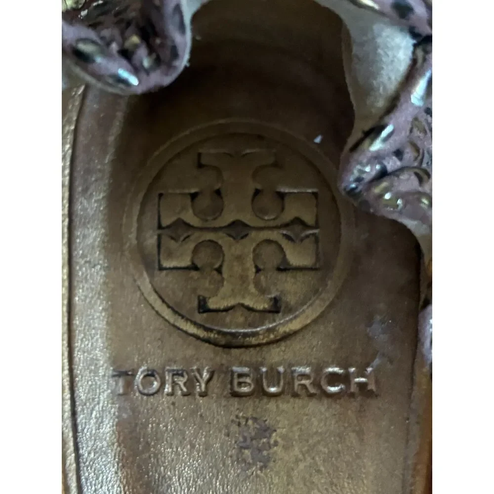 Tory Burch Reva Snake Tan Gray Gold Logo Leather Ballet Flats Shoes   Women's 7